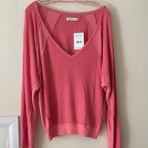 Free People Coral Pink Waffle V-Neck Pullover